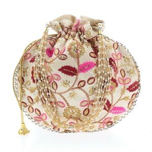HANDBAG ~ Embroidered Embellished Cream, Gold and Pink Women's Floral Bag